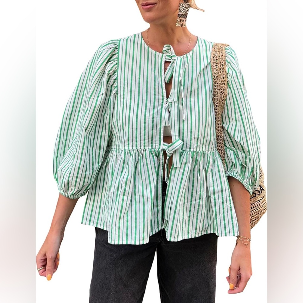 Women’s Peplum Top: Puff Sleeve, Tie Up- S